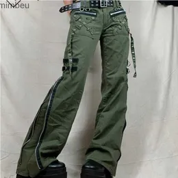 Jeans femininos calças femininas gótico punk baggy vintage calças bandagem cintura baixa calças de carga grunge verde zíper jeans streetwear calças femalec24318
