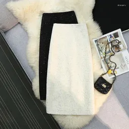 Skirts Women's Autumn Winter High Waist Long Split A-Line Fragrant Sparkling Skirt White Black Quality