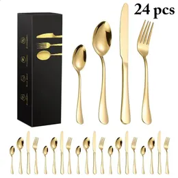 Servis Rose Golden Gold rostfritt stål bestick set plattvarig mattkniv gaffel sked köksbordsåter y240315