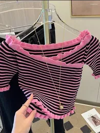 Mulheres camisetas Verão Mulheres Manga Curta Malha Top Stripe Off Ombro Coreano Moda Slim Camiseta Elegante Casual Y2K