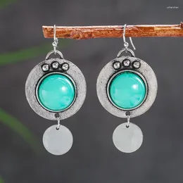 Orecchini pendenti Boemia etnica verde disco di pietra rotondo pietra di luna per le donne Regalo di gioielli con goccia in metallo color argento antico vintage