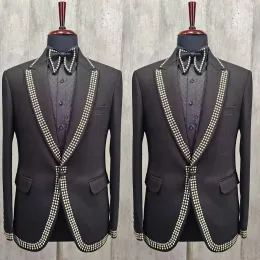 Suits Luxury Men's Suits Tailored One Piece Blazer One Button Beaded Diamonds Wedding Peaked LapelPlaid Stripes Custom Made Plus Size