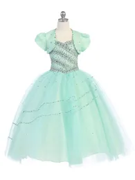 Beleza verde branco rosa tule contas até o chão vestido de menina flor vestidos de concurso de menina vestidos de aniversário saia de menina personalizada SZ 2 4 6 8 10 12 D318004 com pequeno casaco