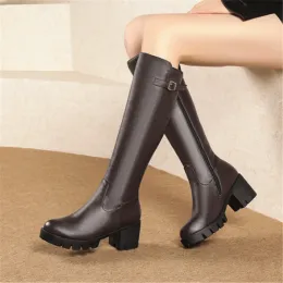 부츠 New Boots 여성 무릎 높이 부츠 두꺼운 힐 플랫폼 보트 긴 가을 겨울은 얇은 Jane Martin High Simple Botas Mujer Brown이었습니다.