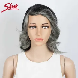 Syntetyczne peruki Eleganckie szary krótki Bob Human Hair Peruka Colore 51# Brazylijska Remy Hair Ombre Purple Srebrna Wavy Nature Peroga z Bangs Pixie Part Wig 240328 240327