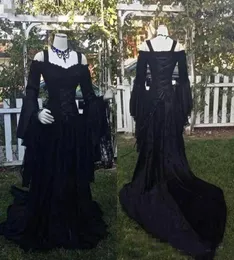 Abiti da sposa vintage in pizzo nero gotico Una linea medievale con spalle scoperte Maniche lunghe Corsetto Abiti da sposa Abito vittoriano9722337