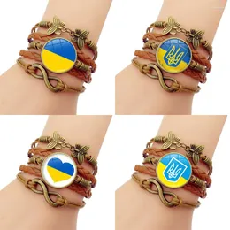 Charm-Armbänder, mehrschichtig, Ukraine-Flagge, für Damen und Herren, Glas, ukrainisches Symbol, Armreifen, Unendlichkeits-Schmetterling, geflochtenes PU-Lederarmband