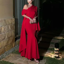 Elegant lång crepe en axel aftonklänningar röd sjöjungfruma veckade ankel längd festgäst klänning för kvinnor