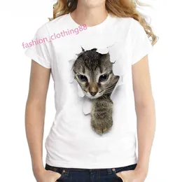 Bestseller 100% Baumwolle 3D Katze Digitaldruck T-Shirt Kurzarm Rundhals Weiß Damen Bedrucktes T-Shirt
