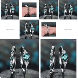 Cluster Rings Real S925 Sterling Sier Emerald Diamond Ring Women Gemstone Topaz Turquoise Anillos De Jewelry Bizuteria1202312 Drop Del Dhdem