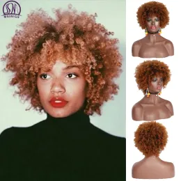 Peruki msiwigs krótka brązowa blond włosy afro peruka dla kobiet pixie cięte knkly curl miękki tanią włosy czarne syntetyczne cosply fałszywa peruka