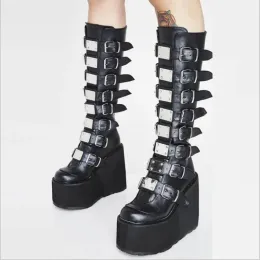 Stivali da donna Stivali alti stivali in pelle lunghe tubo in pelle stivale punk punk gotico classico scarpe tallone nere ginocchia ginocchiere