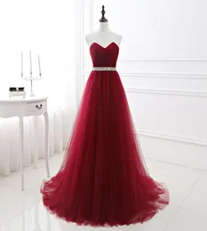 100 Real Image 2019 Burgundy Tulle Evening Dresses Sweetheart Neck Tulle Beaded A Line Floor Length Designer Occasion Dresses Par6033061