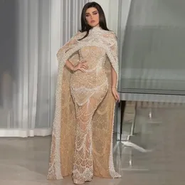 Lüks Arapça Abaya Şampanya Cape Beadings ile Altın Gece Elbiseleri İnciler Kılıf Kadınlar OCN Resmi Gowns BC16805