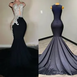 Black Sexy Mermaid Prom Dresses Arabic Aso Ebi Sier Crystals Lace Appliqued Vintage Formal Gowns Court Train Women Second Reception Evening Dress