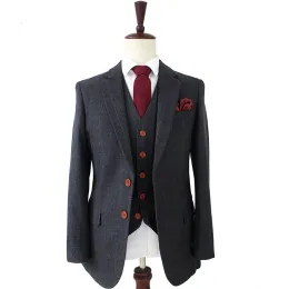 Anzüge Wolle dunkelgrauer Fischgräten -Tweed Schneider Schlanker Hochzeitsanzüge für Männer Retro Gentleman Style Custom Made Herren 3 -Stück -Anzug