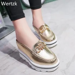 Boots Wertzk 2019 Woman Mules Shoes Sandals Rhinestone Chains Metal Design Slippers Baotou Platform Shoes Wedges Slipper E243