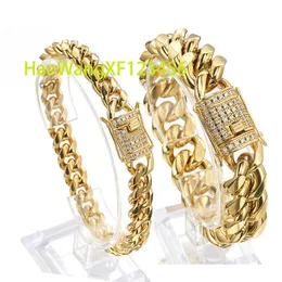 Mens Miami Cuban Link Chain 18k Gold 8/10/12/14/16/18 ملم عرض الفولاذ المقاوم للصدأ CZ CZ Schoker Bracelet