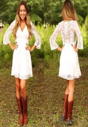 Modest Short Lace Cowgirls Country Wedding Dresses with 34 Long Sleeves Mini beach Bridal Gowns Reception Dress for Wedding5176788