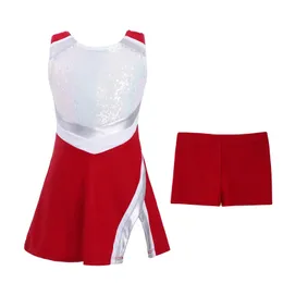 Criança menina cheerleading trajes uniforme sem mangas lantejoulas brilhantes dança cosplay roleplay vestido com shorts conjunto uniforme de líder de torcida 240305