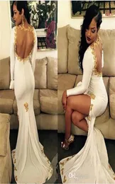 2016 Winter Scoop Neckline Long Sleeve Prom Dresses Sexig hög delad sida Guld Applique Mermaid Rackless Prom Dresses Party Evening2162242