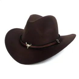 West Cowboy Hat Fashion Wool Wool Feel Metal Bull Head Dekoracja Sombrero Western Men Cap Black Brown 240311