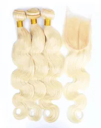 Kisshair 613 Biondi 3 pacchi con chiusura in pizzo 4x4 fasci di tessuto dei capelli umani onda del corpo brasiliana estensioni dei capelli vergini di Remy per W6781127