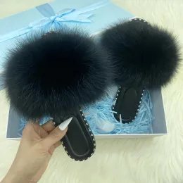 Boots Flip Flops Women Summer Real Fur Flat Slippers 100% Natural Luxury Fox Fur Slides Ladies Rivet Jelly Shoes Furry Slides Sandals