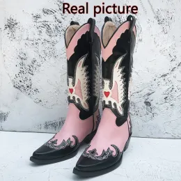 Stivali 2023 Nuova cucitura rosa puntata Stivali da cowboy occidentale 43 dimensioni femminile e ginocchio stivali da donna