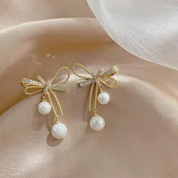 Stud Earrings Korean Elegant Bow Imitation Pearl Earring Rhinestone Shiny For Women Fashion Jewelry Bride Party Wedding Friends Gifts