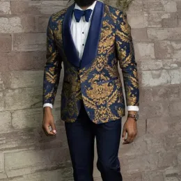 Anzüge floraler Jacquard Prom Men Suits für Hochzeit Slim Fit Navy Blue Formal Bräutigam Smoking Custom Made African Male Fashion Costum 2024