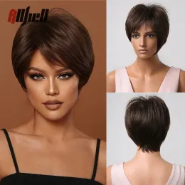 Wigs Natural Brown Synthetic Hair Wig with Bangs Short Pixie Cut Wigs for Women Afro Daily Cosplay Heat Resistant Female Fake Hair