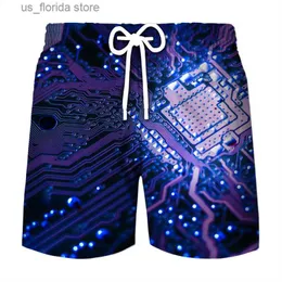 Shorts masculinos 3D impressão placa de chip eletrônico curto para homens verão legal praia shorts placa de circuito gráfico maiô ginásio surf troncos de natação y240320