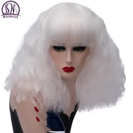 Wigs MSIWIGS Women Short Black Cosplay Wigs with Bang Curly Synthetic Hair Wig White Red Blonde Pink Fake Hair