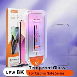 Easy Install Dust Free Tempered Glass Film för Redmi Note 12 Turbo 11 11T 11E 10 9 9S 8 6 Pro Plus 4G 5G Premium Screen Protector Auto-Dust borttagningssats +Retail Box