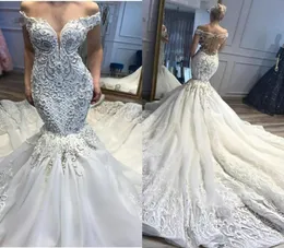 Exquisite schwere Handarbeit 2020 Brautkleider Perlen Hofschleppe schulterfrei Tüll Netzspitze Meerjungfrau Brautkleid Hochzeitskleid6856971