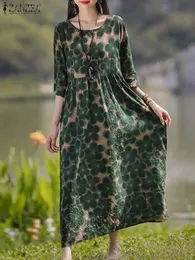 Zanzea Vintage Floral Baskı Dresse Bohem Uzun Elbise Sonbahar Kollu Maxi Sundress Şık Tatil Robe Vestidos 240306