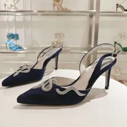 Rene Caovilla Rhinestone serpentine winding black high-heeled sandals anti velvet elegant sexy fashion luxury designer women's high heels banquet party shoes