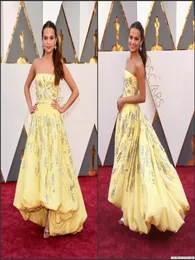 2016 88th Oscar Celebrity Dresses Alicia Vikander Yellow Strapless High Low Taffeta with Beads Sequins A Line Red Carpet Gowns2606718