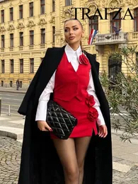 Skirts TRAFZA Women Elegant Chic Red Flower Decoration High Waist Mini Skirt Female Fashion Vintage Sexy Slim Slit Streetwear