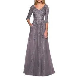 Elegante abito da sera in tulle grigio da sera 2024 Scollo a V Paillettes Applicazioni in pizzo Lungo A-line Abiti da ballo formali Robe De Soiree Abiti da festa Vendita calda