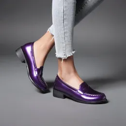 Stiefel Frühling Herbst Neue Frauen Low Heels Slipper auf Patentleder lässig tägliche Arbeit Schuhe Purple Schwarz gelb Pluspuzier 41 42 43