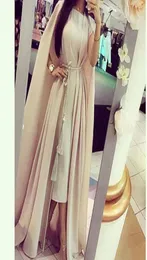 Myriam Fares Celebrity Dresses 2016 Two Piece Set Sheath Tea Length Chiffon Dress with Cape and Tassel Belt1305202