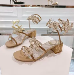 Rene Caovilla Low Heel Sandals Women Water Diamond Flower Decoration مصمم فاخر أحذية الأزياء غير الرسمية حفل زفاف