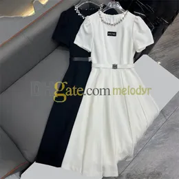 Women Designer Dress Rhinestone Round Neck Skirts Summer Short Sleeve Pleated Dress with Belt Elegant Slim Party Dresses