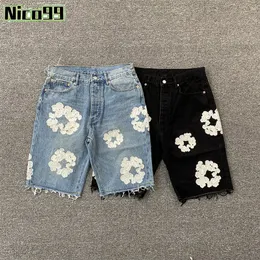 kapok foam print pattern DENIM DT black blue washed street American hundred summer straight men and women denim shorts