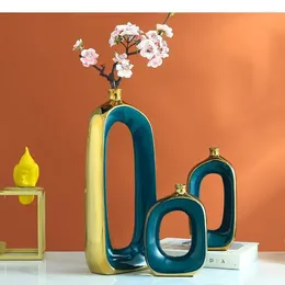 Vasos vaso de cerâmica oco para fora arranjo de flor dourada geometria abstrata moderna decoração de casa acessórios casamento