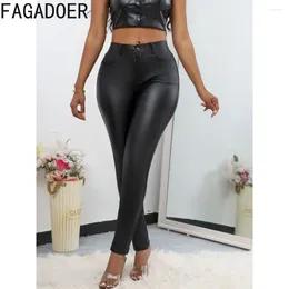 Women's Pants FAGADOER Sexy Solid Color PU Leather Leggings Women High Waist Button Skinny Trousers Fashion Female Matching Bottoms 2024