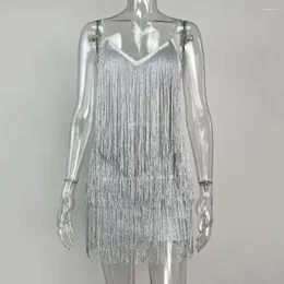 Vestidos casuais magro ajuste borla vestido elegante clube de dança latina casamento mini com franja brilhante cintas de espaguete para mulheres sem costas