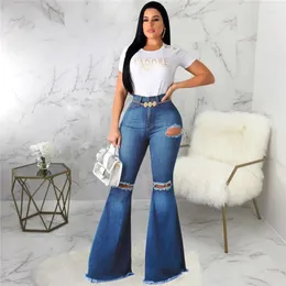 Women's Jeans Big Yards High Waist Distroyed Woman Bell-bottoms Pants Female Denim Full Length With Hole Bootcut Horn Dark Blue 3XL